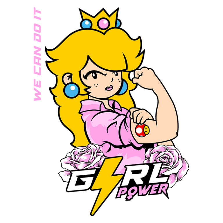 Ilustração de uma personagem feminina com cabelo loiro e uma coroa, exibindo força com o braço musculoso, vestindo uma camisa rosa. O design combina elementos de empoderamento feminino com ícones de rosa e a frase "WE CAN DO IT". O logo "GIRL POWER" destaca a mensagem de força.