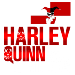 Imagem com o texto "Harley Quinn and the Sisterhood of Villains" em destaque, apresentando a personagem Harley Quinn em um estilo vibrante e moderno, com cores vermelha e preta, simbolizando sua conexão com o universo dos vilões.