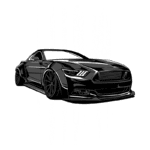 Ilustração de um carro esportivo preto estilizado, com rodas largas e design aerodinâmico, em frente a um fundo com listras e estrelas em um estilo que remete à bandeira americana. Ideal para amantes de automóveis e cultura automotiva.