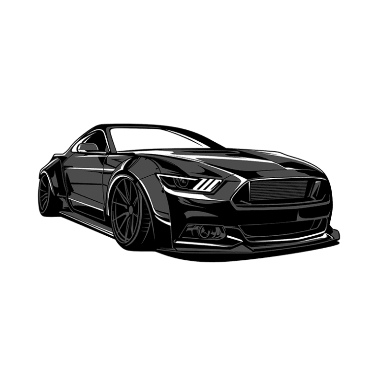 Ilustração de um carro esportivo preto estilizado, com rodas largas e design aerodinâmico, em frente a um fundo com listras e estrelas em um estilo que remete à bandeira americana. Ideal para amantes de automóveis e cultura automotiva.