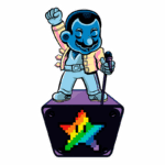 Estátua estilizada de um personagem icônico com pele azul, vestindo um traje colorido, levantando o braço em sinal de vitória, em cima de uma base com um símbolo de arco-íris pixelado.