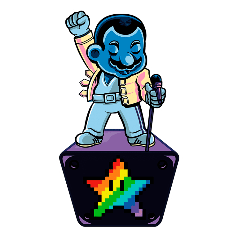 Estátua estilizada de um personagem icônico com pele azul, vestindo um traje colorido, levantando o braço em sinal de vitória, em cima de uma base com um símbolo de arco-íris pixelado.