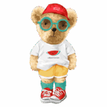 Urso estilizado usando óculos grandes, camiseta branca com estampa de melancia, shorts amarelos e boné vermelho com a palavra "HELLO", calçado com tênis vermelhos. Ideal para temas de moda infantil e diversão.