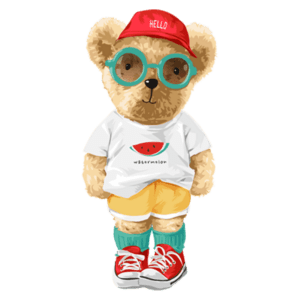 Urso estilizado usando óculos grandes, camiseta branca com estampa de melancia, shorts amarelos e boné vermelho com a palavra "HELLO", calçado com tênis vermelhos. Ideal para temas de moda infantil e diversão.
