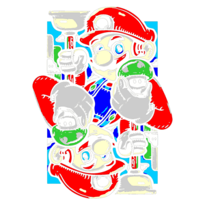 Ilustração do personagem Mario segurando um cogumelo verde e uma ferramenta, em estilo colorido e vibrante, representando um tema de jogos clássicos.