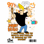 Imagem do personagem Johnny Bravo, icônico dos anos 90, posando com um pente e óculos escuros, em frente a um fundo de tijolos com elementos gráficos coloridos. O texto inclui referências à cultura pop e à sua famosa frase em espanhol. Ideal para fãs de cartoons e nostalgia dos anos 90.