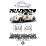 Imagem do Volkswagen Beetle, modelo icônico com o número 53, destacando seu design clássico e legado histórico. O carro é apresentado em uma perspectiva lateral, com desenhos técnicos ao fundo, simbolizando sua importância na indústria automobilística desde a década de 1930.