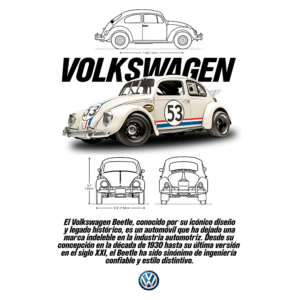 Imagem do Volkswagen Beetle, modelo icônico com o número 53, destacando seu design clássico e legado histórico. O carro é apresentado em uma perspectiva lateral, com desenhos técnicos ao fundo, simbolizando sua importância na indústria automobilística desde a década de 1930.