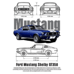 Imagem do Ford Mustang Shelby GT350, um clássico automotivo, com dimensões e design icônicos. Apresenta uma vista frontal e lateral, destacando sua cor azul, faixas brancas e detalhes do modelo. Ideal para entusiastas de carros e história automotiva.