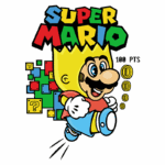 Ilustração do personagem Super Mario com cabelo amarelo, correndo e coletando moedas, ao fundo blocos coloridos e o texto "100 PTS". Ideal para fãs de jogos e cultura pop.