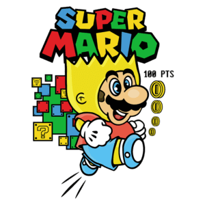 Ilustração do personagem Super Mario com cabelo amarelo, correndo e coletando moedas, ao fundo blocos coloridos e o texto "100 PTS". Ideal para fãs de jogos e cultura pop.