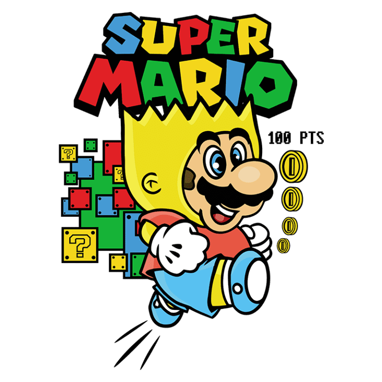 Ilustração do personagem Super Mario com cabelo amarelo, correndo e coletando moedas, ao fundo blocos coloridos e o texto "100 PTS". Ideal para fãs de jogos e cultura pop.