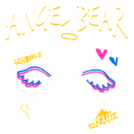 Ilustração de um urso de pelúcia com asas de anjo e halo, acompanhado de textos "Angel Bear", "Fan Club" e "Dreamer", com elementos coloridos como corações e estrelas. Ideal para fãs de design divertido e criativo.