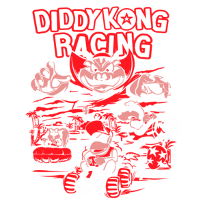 Ilustração estilo vintage do jogo Diddy Kong Racing, apresentando Diddy Kong em um kart, segurando um volante, enquanto várias criaturas e obstáculos aparecem em um fundo colorido. O título "DIDDY KONG RACING" destaca-se no topo em letras grandes e chamativas.