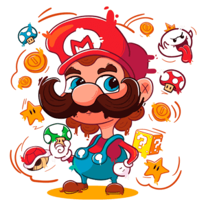Personagem de videogame Mario em estilo cartoon, vestido com macacão azul e boné vermelho, cercado por ícones icônicos como cogumelos, estrelas e moedas, representando o universo dos jogos da Nintendo.