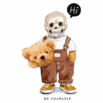 Ilustração de um esqueleto antropomórfico usando um macacão marrom, segurando um urso de pelúcia, com a palavra "Hi" em um balão de fala. O texto abaixo diz "BE YOURSELF", transmitindo uma mensagem de originalidade e aceitação. Ideal para temáticas de criatividade e expressão pessoal.