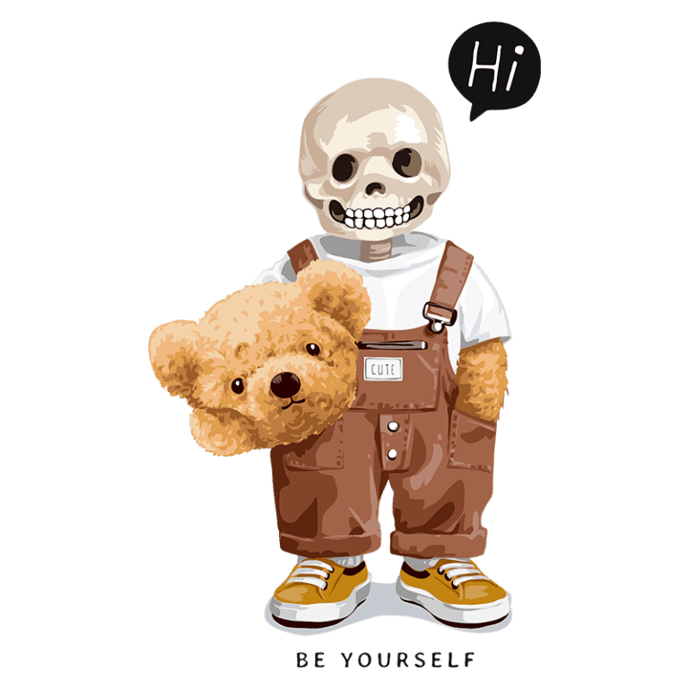 Ilustração de um esqueleto antropomórfico usando um macacão marrom, segurando um urso de pelúcia, com a palavra "Hi" em um balão de fala. O texto abaixo diz "BE YOURSELF", transmitindo uma mensagem de originalidade e aceitação. Ideal para temáticas de criatividade e expressão pessoal.