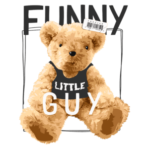 Ursinho de pelúcia com camiseta preta escrita "LITTLE GUY", rodeado por texto divertido. Ideal para decorações infantis e presentes.