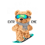 Ursinho de pelúcia praticando snowboard, usando óculos de proteção e cachecol, com a frase "Snowboarding Extreme" ao fundo. Ideal para produtos de inverno e esportes radicais.