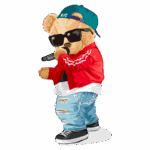 Urso estilizado com óculos escuros e boné, vestindo jaqueta vermelha e calça jeans rasgada, segurando um microfone e cantando. Ideal para temas relacionados à música, moda urbana e cultura pop.