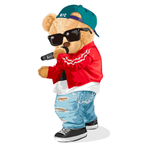 Urso estilizado com óculos escuros e boné, vestindo jaqueta vermelha e calça jeans rasgada, segurando um microfone e cantando. Ideal para temas relacionados à música, moda urbana e cultura pop.