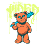 Ilustração de um urso de pelúcia laranja com expressão séria, segurando um bastão azul, com o texto estilizado "first day in HINDIA" em fundo verde e amarelo. Ideal para temas de arte urbana e cultura pop.