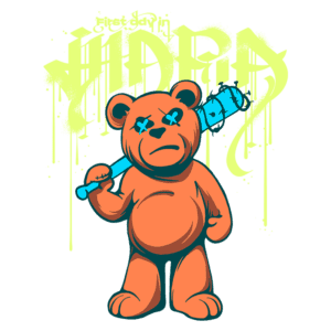Ilustração de um urso de pelúcia laranja com expressão séria, segurando um bastão azul, com o texto estilizado "first day in HINDIA" em fundo verde e amarelo. Ideal para temas de arte urbana e cultura pop.