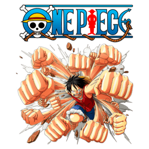 Imagem do personagem Luffy, do anime One Piece, saindo de uma explosão de punhos, simbolizando força e determinação. O logotipo de One Piece aparece acima, destacando a popularidade da série.