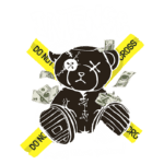 Urso de pelúcia com aparência desgastada e danos, cercado por notas de dinheiro e fitas de aviso "DO NOT CROSS". O design apresenta a palavra "INTENSE" e a frase "Money Solves Problems!". Ideal para produtos de moda ou arte com tema urbano.