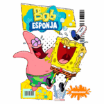 Imagem de Bob Esponja e Patrick Estrela, personagens icônicos da animação, ambos rindo e se divertindo. Bob Esponja, com sua expressão alegre, usa suas roupas características, enquanto Patrick está com seu traje de banho. O fundo colorido destaca o logotipo do desenho animado da Nickelodeon.