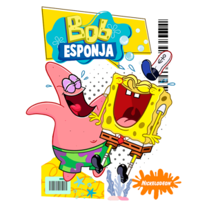 Imagem de Bob Esponja e Patrick Estrela, personagens icônicos da animação, ambos rindo e se divertindo. Bob Esponja, com sua expressão alegre, usa suas roupas características, enquanto Patrick está com seu traje de banho. O fundo colorido destaca o logotipo do desenho animado da Nickelodeon.