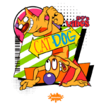 Imagem colorida do desenho animado "CatDog", apresentando os personagens Cat e Dog em um estilo vibrante dos anos 90. O fundo tem formas geométricas e a frase "90's vibes" destacada. Logotipo da Nickelodeon na parte inferior.