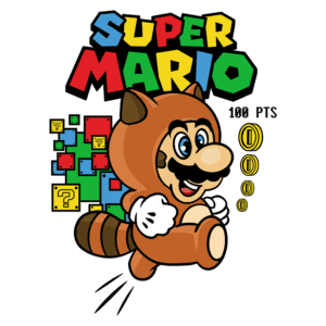 Imagem do personagem Super Mario vestido com um traje de guaxinim, correndo alegremente. O fundo apresenta blocos coloridos e moedas, com o texto "SUPER MARIO" e "100 PTS". Ideal para fãs de jogos clássicos e cultura pop.