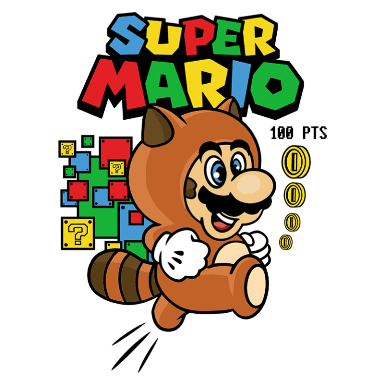Imagem do personagem Super Mario vestido com um traje de guaxinim, correndo alegremente. O fundo apresenta blocos coloridos e moedas, com o texto "SUPER MARIO" e "100 PTS". Ideal para fãs de jogos clássicos e cultura pop.