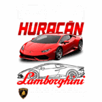 Imagem de um Lamborghini Huracán vermelho em destaque, com ilustrações de perfil e traseira do carro. O logotipo da Lamborghini está presente, acompanhado de informações sobre a história e design do veículo.