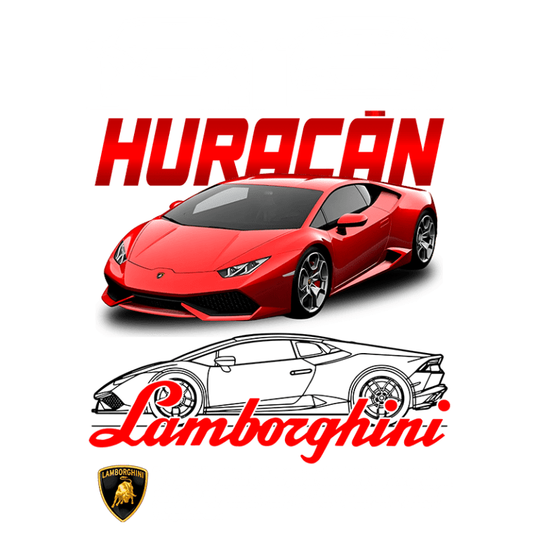 Imagem de um Lamborghini Huracán vermelho em destaque, com ilustrações de perfil e traseira do carro. O logotipo da Lamborghini está presente, acompanhado de informações sobre a história e design do veículo.