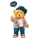 Urso de pelúcia vestido com roupas casuais, incluindo um casaco, camiseta e touca, acenando e dizendo "Olá". A imagem é colorida e amigável, ideal para temas de infância e itens de pelúcia.