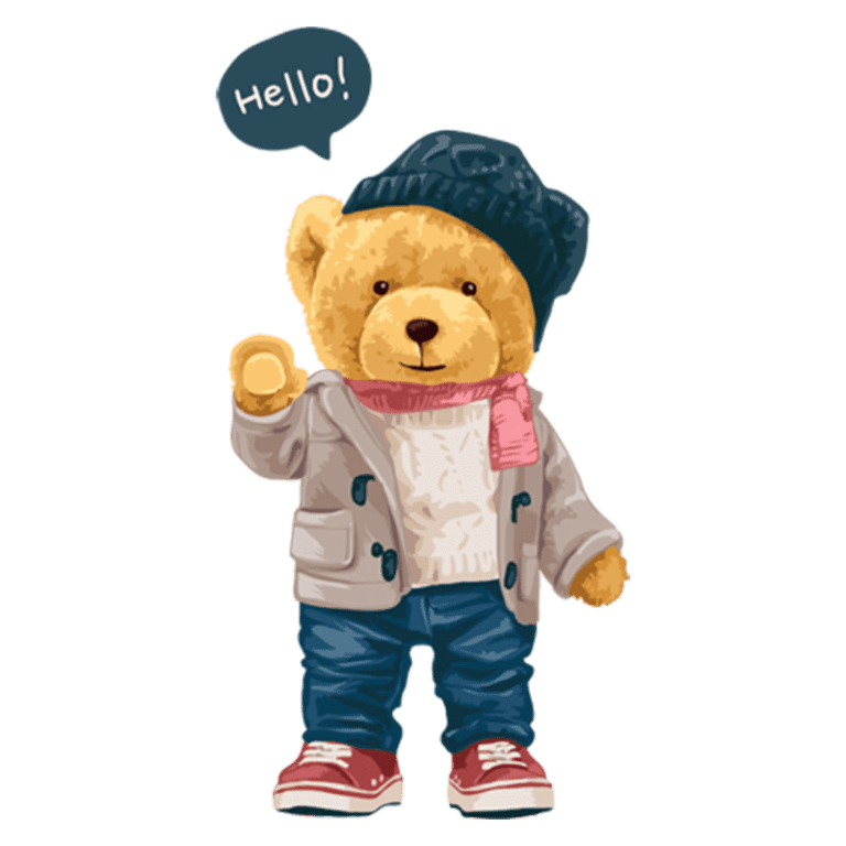 Urso de pelúcia vestido com roupas casuais, incluindo um casaco, camiseta e touca, acenando e dizendo "Olá". A imagem é colorida e amigável, ideal para temas de infância e itens de pelúcia.