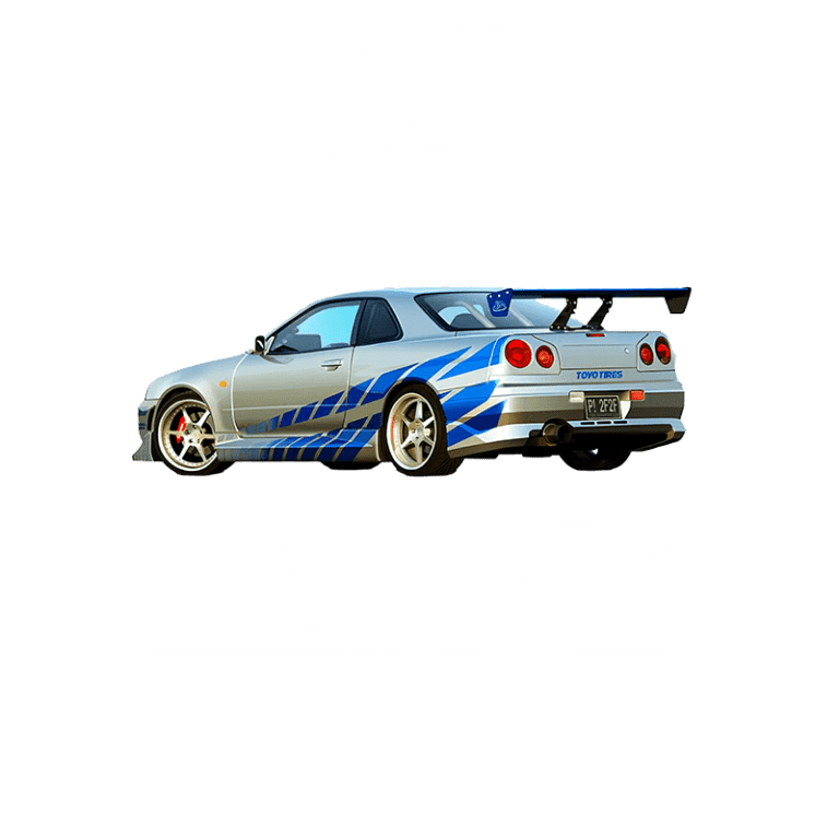 Imagem do Nissan GTR Skyline, um carro icônico de desempenho, com detalhes de design na cor prata e azul. Inclui vistas frontal, traseira e lateral do veículo, destacando suas características esportivas e aerodinâmicas.