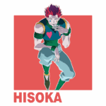 Personagem Hisoka de Hunter x Hunter, com cabelo vermelho e roupas coloridas, fazendo um gesto enigmático. Fundo vermelho destaca a imagem.