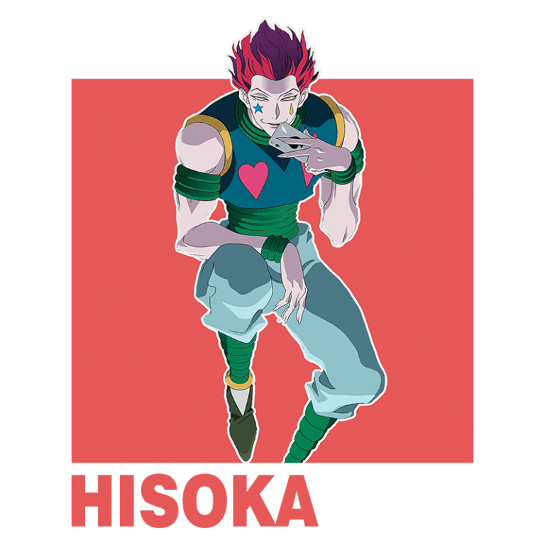 Personagem Hisoka de Hunter x Hunter, com cabelo vermelho e roupas coloridas, fazendo um gesto enigmático. Fundo vermelho destaca a imagem.