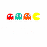 Imagem divertida com fantasmas coloridos em um fundo de estrada de 8 bits, representando um clássico dos jogos de arcade. Ideal para entusiastas de jogos retrô e cultura pop.