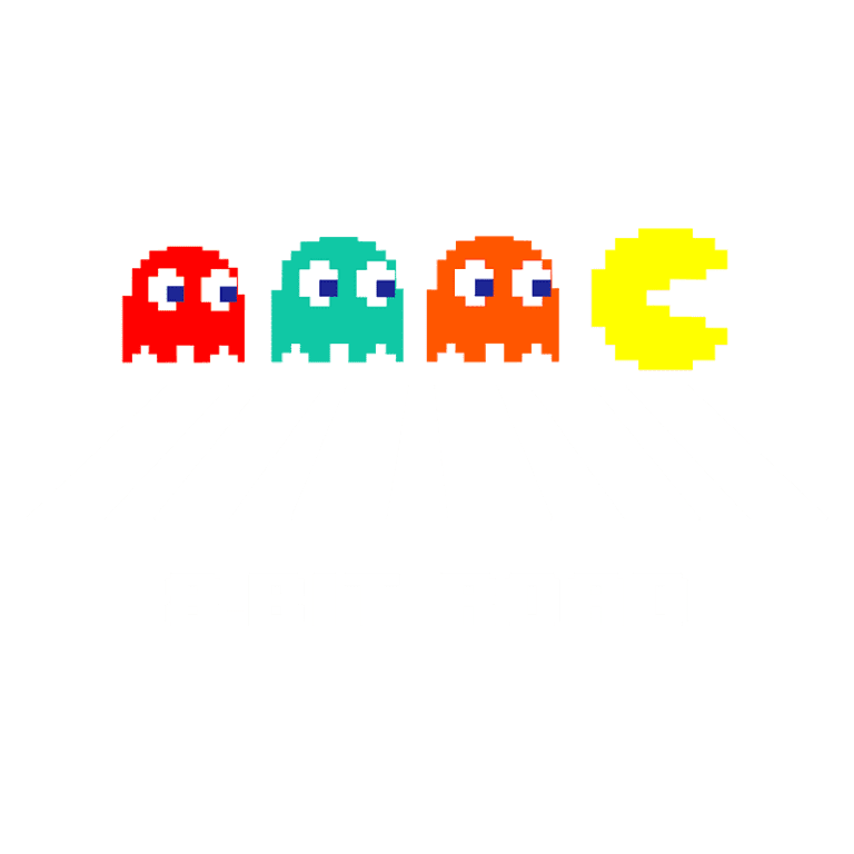 Imagem divertida com fantasmas coloridos em um fundo de estrada de 8 bits, representando um clássico dos jogos de arcade. Ideal para entusiastas de jogos retrô e cultura pop.