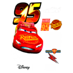 Imagem do carro Lightning McQueen, número 95, da Disney, com detalhes do logo Rust-eze e informações sobre suas vitórias na Copa Piston. O design inclui uma pista de corrida e uma homenagem ao personagem Doc Hudson.