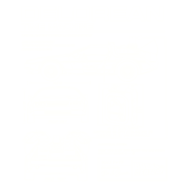 Desenho técnico do DeLorean, a máquina do tempo, mostrando as vistas frontal, traseira e lateral, com detalhes sobre a produção de energia e o capacitor de fluxo necessário para viajar no tempo.