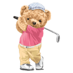 Ursinho de pelúcia jogando golfe, vestido com camisa rosa e calças claras, segurando um taco de golfe na mão.