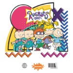 Imagem colorida dos personagens principais da série animada "Rugrats", mostrando crianças como Tommy, Chuckie, Angelica e os gêmeos Phil e Lil, em um fundo vibrante e geométrico. Ideal para fãs de animações clássicas e nostalgia dos anos 90.