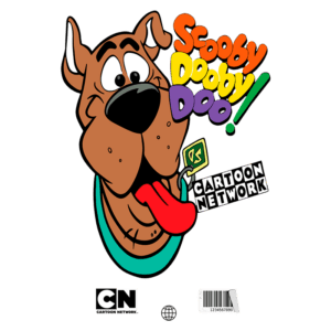 Imagem do personagem Scooby-Doo, famoso cão da série animada, com a frase "Scooby Dooby Doo!" e logotipo do Cartoon Network. Scooby apresenta uma expressão divertida, com a língua de fora e um colar azul.