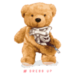 Ursinho de pelúcia fofinho com um esqueleto visível, simbolizando um tema divertido de "fantasia". O ursinho está usando um lenço e a imagem é decorada com a frase "# DRESS UP".
