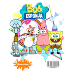 Personagens principais da série Bob Esponja, incluindo Bob Esponja, Patrick, Sandy e Squidward, em um fundo colorido com bolhas. Ideal para fãs de animação e produtos da Nickelodeon.